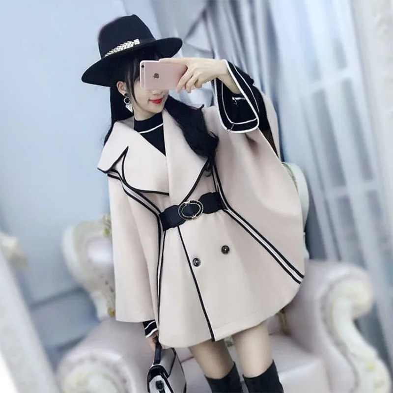 

2021 New Spring Autumn Women Coats Women's Beige Black-Edged Bat Cloak Cape Woolen Coat