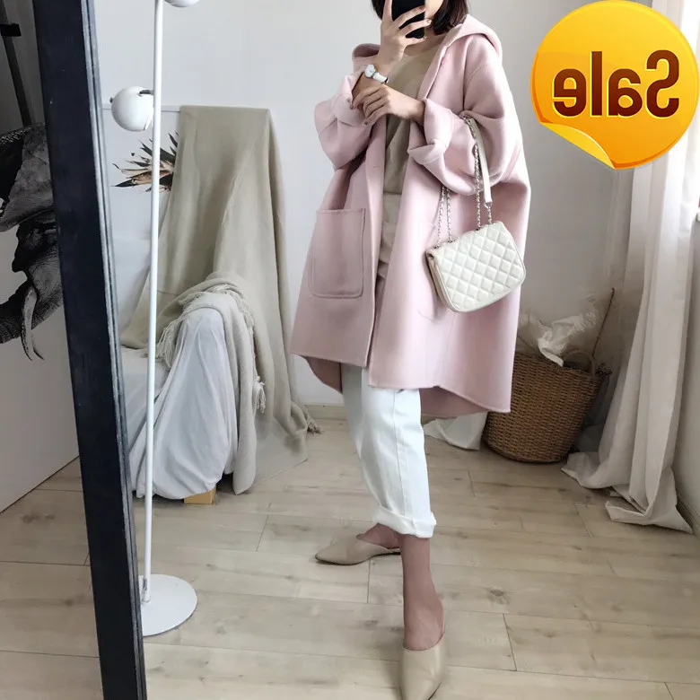 

Korean style small double-sided cashmere woolen coat Women's Mid-length fit 100% wool hooded coat