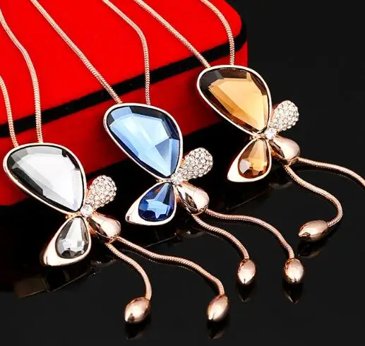 

CN00019 Fashion Butterfly Sweater Chain Simulated Crystal Zircon Long Pendant Necklace Female Tassel Necklace
