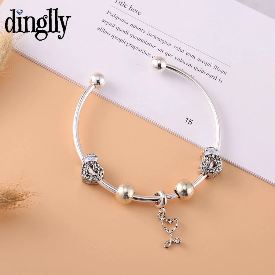 

Dinglly Simple Nurse Hat Heart Beaded Opening Bangles For Women Stethoscope Dangle Charm Bangle Girls Nurse Doctor Jewelly Gift