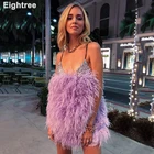 Вечернее мини-платье, с пурпурными перьями, с V-образным вырезом, на тонких бретелях, с бисером, для выпускного вечера