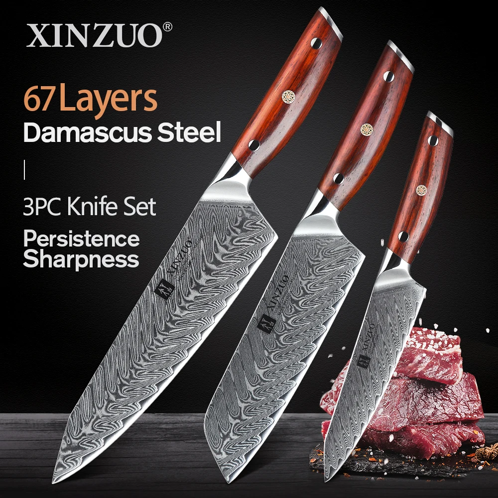 

Набор кухонных ножей XINZUO PRO, набор кухонных ножей из дамасской стали, лезвия Santoku, кухонные ножи 7 + 5 + 8,5 дюймов