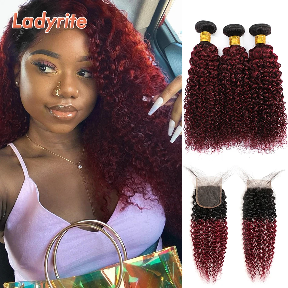 

Ombre Kinky Curly Hair Bundles With Closure T1B/30 Peruvian Kinky Curly 3/4 Bundles With Closure Remy Human Hair Ladyrite