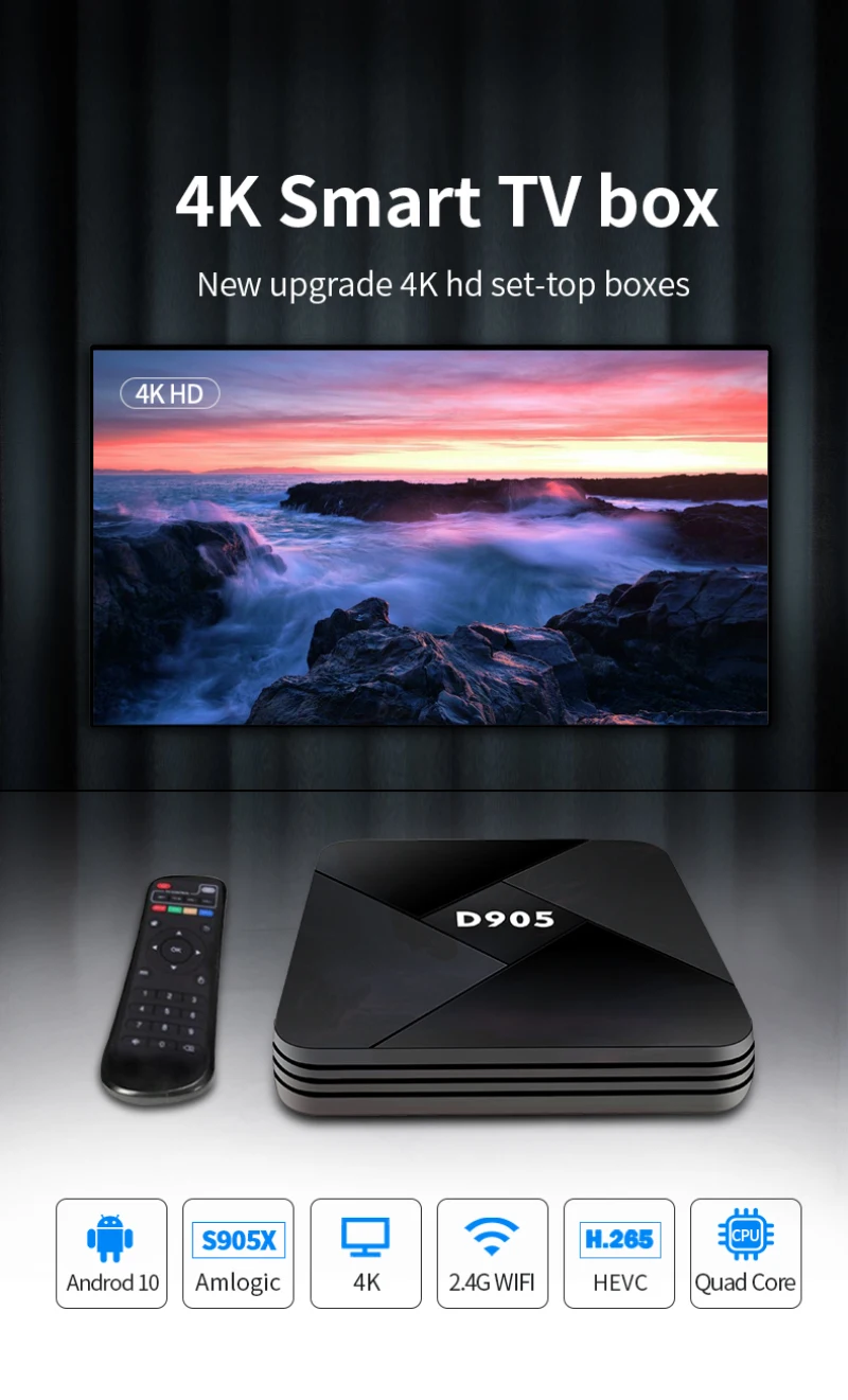 ТВ-приставка Android D905 4 + 32 ГБ 4K H.265 Amlogic S905 Wi-Fi 2 ГГц | Электроника