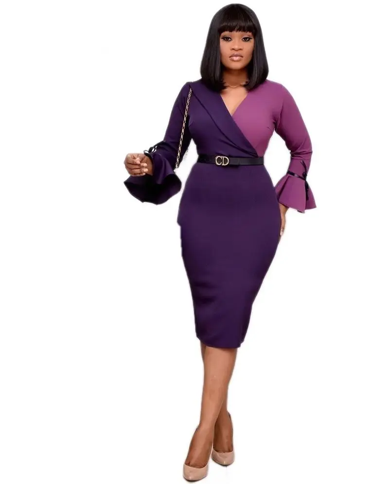 Женское платье с v образным вырезом в стиле пэчворк длинным Расклешенным рукавом