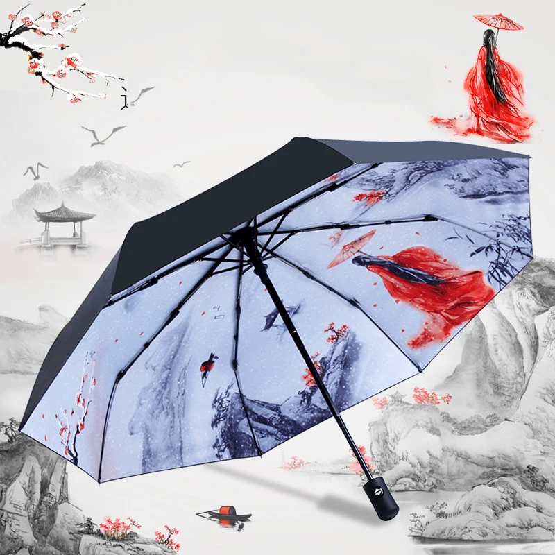 Paraguas automático Para Mujer, Sombrilla de lluvia Estilo de tinta, plisado, Plegable