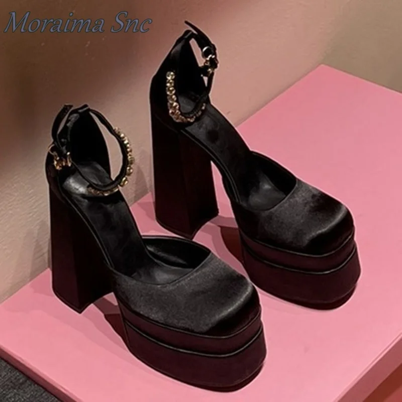 Moraima Snc Pumps Buckle Strap Silk Black High Platform Square Toe Women Pumps Chunky High Heel New Fashion Autumn Spring Shoes