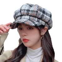 2020 real vintage british style wool octagonal hat autumn and winter new thickened warm newsboy fashion large plaid womens
