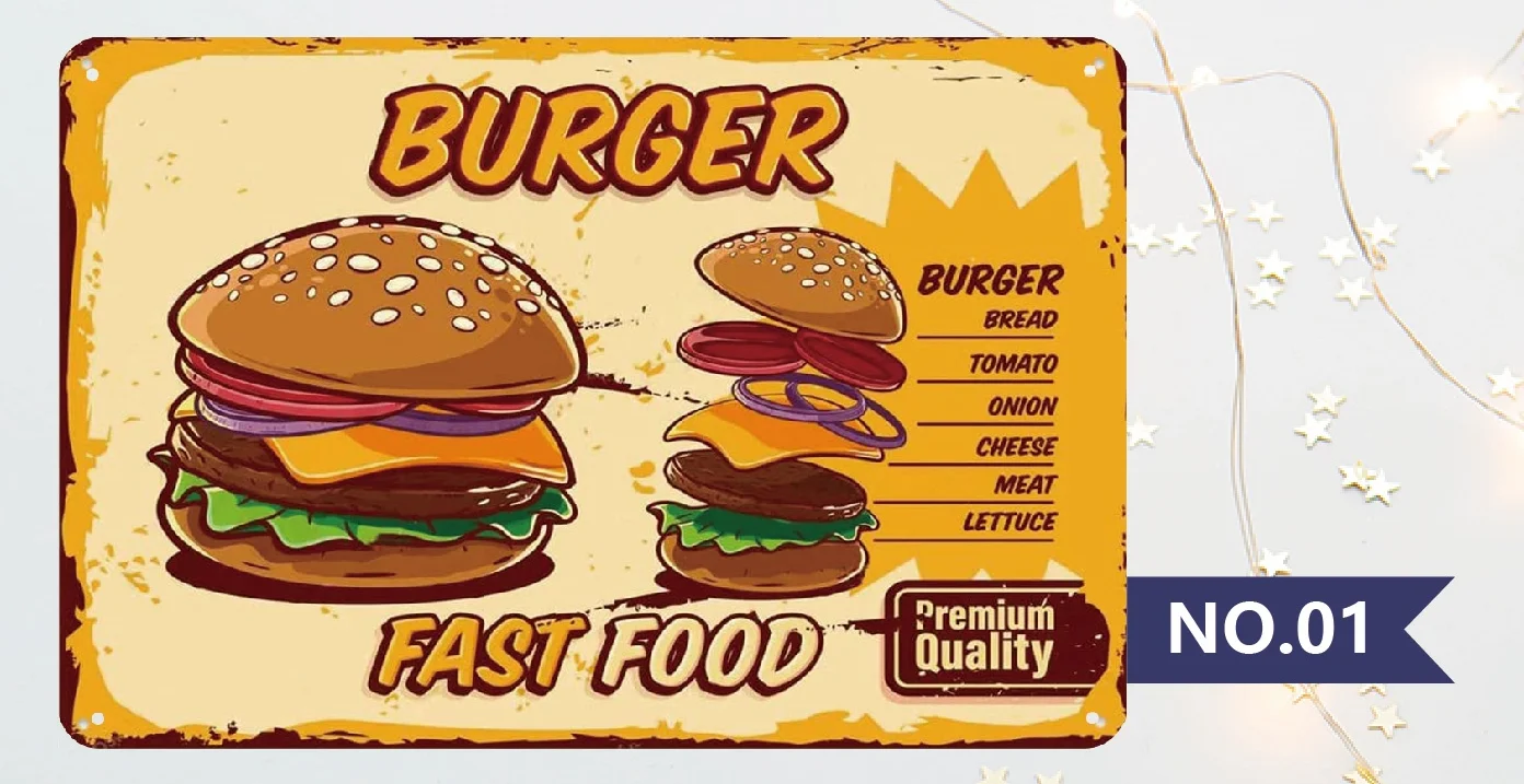 

Burger Fast Food Restaurant Poster Sign Metal Tin Sign Sign Decoration Hotel Restaurant Fast Food Restaurant Home Kitchen Plaque