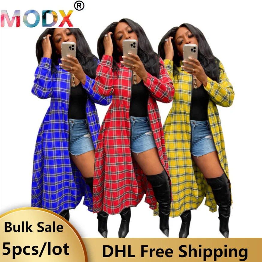 

Fall Winter Women Plaid Trench Coats Loose Cardigan Tops Casual Outwear Dress Full Sleeve Turn-down Collar Long Coats 6605