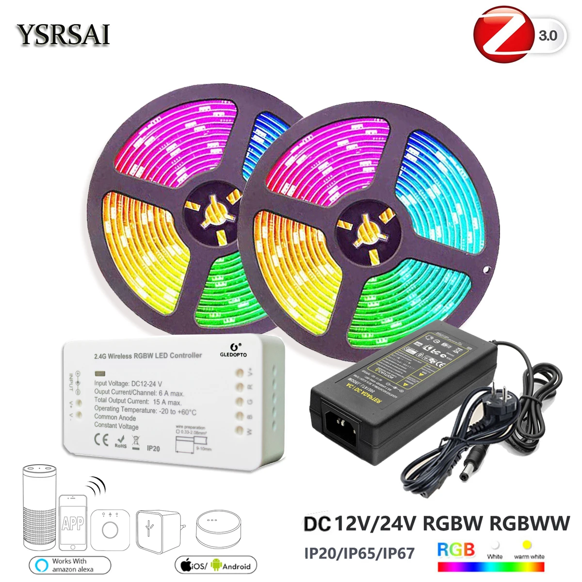 ZigBee ZLL RGBW контроллер+ 5 м/10 м 12 В/24 В RGBW RGBWW 4в1 5050 60 светодиодный s светодиодный блок питания совместимый с Alexa Echo