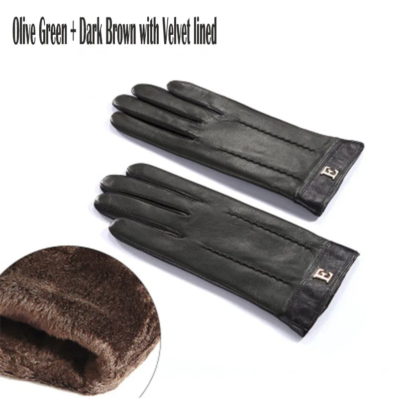Olive green Женские перчатки из натуральной кожи; сезон осень-зима; теплые плюшевые модные Лоскутные женские перчатки из овечьей кожи; ; TE3326 - Цвет: Olive green