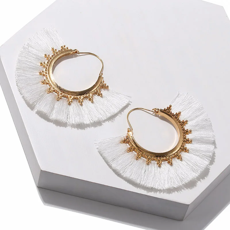 

2020 New Trendy Geometric Multicolor Cotton Thread Tassel Earrings for Women Ethnic Alloy Dangle Earrings Female Jewellery