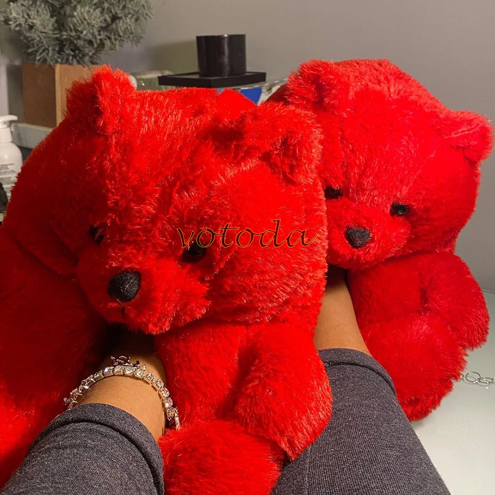 Teddy Bear Slippers Women Cute Cartoon Slides Furry Warm Soft Shoes Home Non-slip Cotton Flip Flops Rainbow Teddies Bear Slipper best house slippers