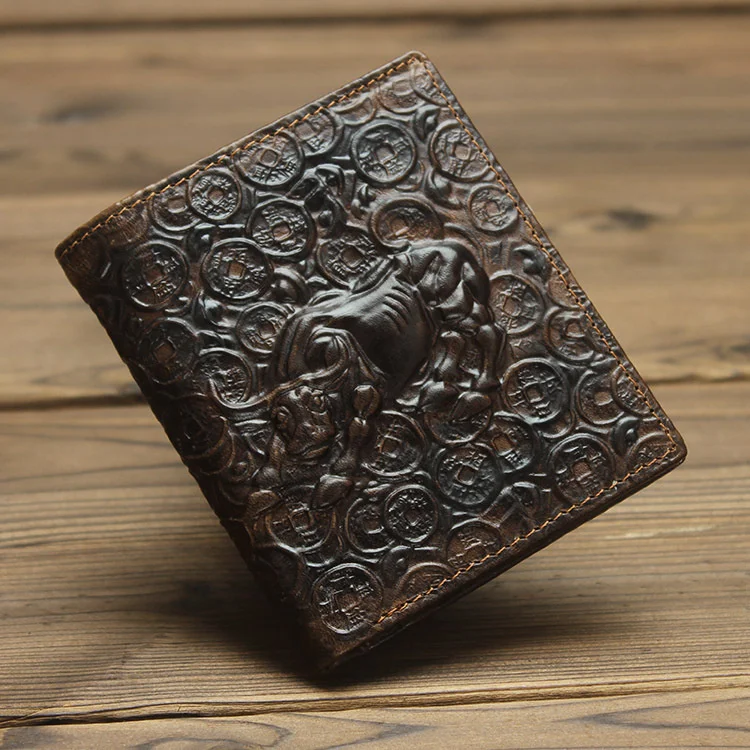 

Chinese style leather wallet Zodiac cow pattern wallet for men and women versatile oil wax leather vertical short Wallet