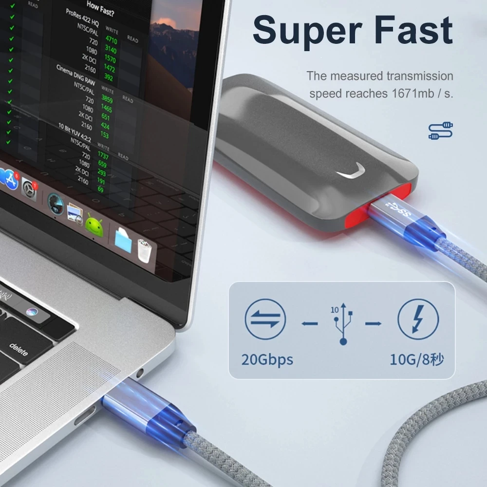 Кабель для передачи данных USB3.1 Gen2 Тип C 20 Гбит/с 100 Вт В/5 А быстрая зарядка