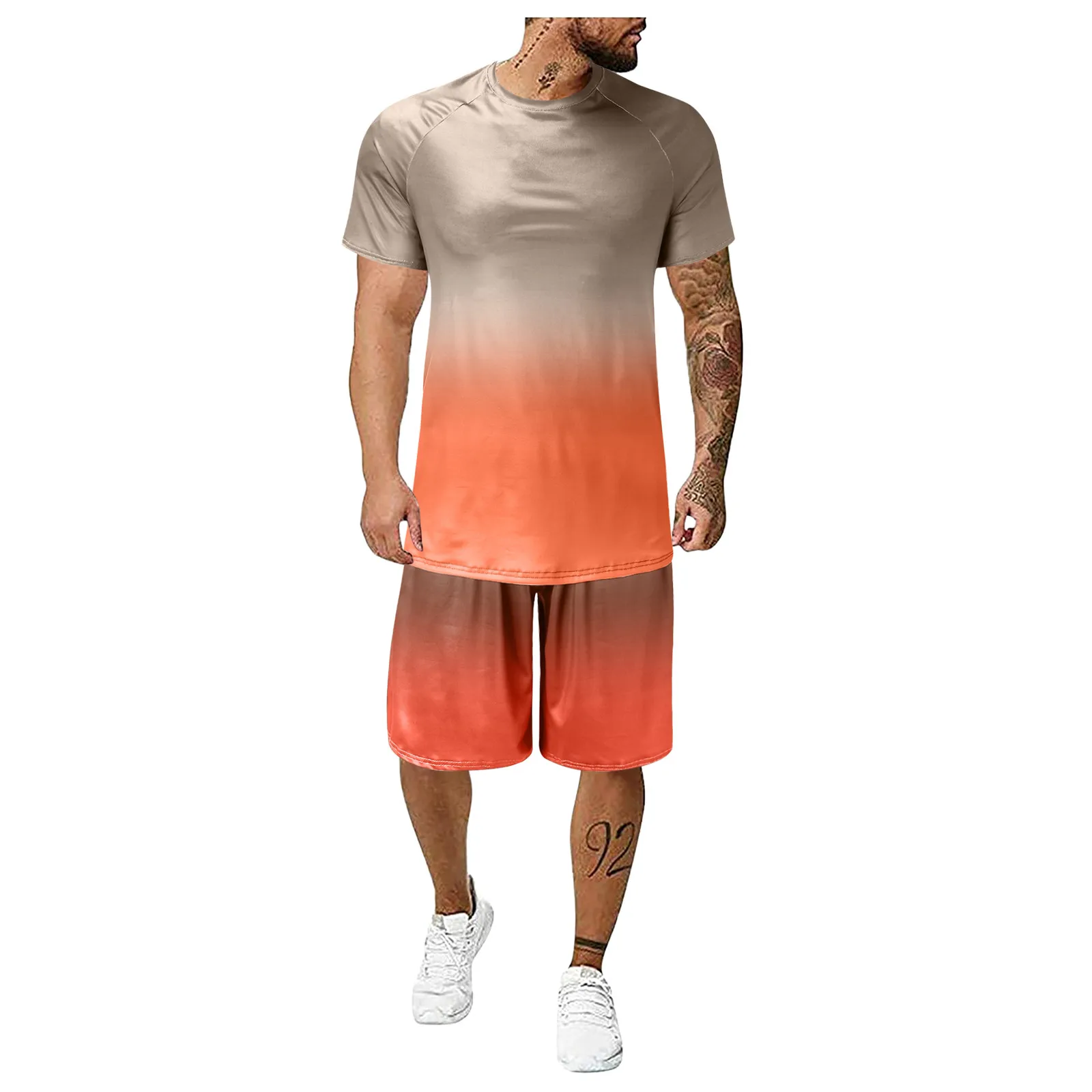 

New Summer Gradient Two Piece Set For Men Casual O-neck Short Sleeve Tops And Drawstring Shorts Tracksuits Sports Street Wear