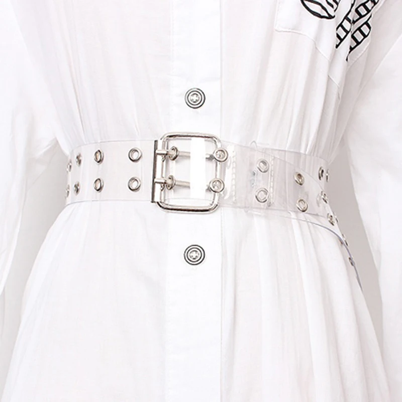 2021 Two Row PVC Clear Belt For Women Fashion Pin Buckle Female White Waist Trousers Transparent Belts Ladies Jeans Grommet Belt