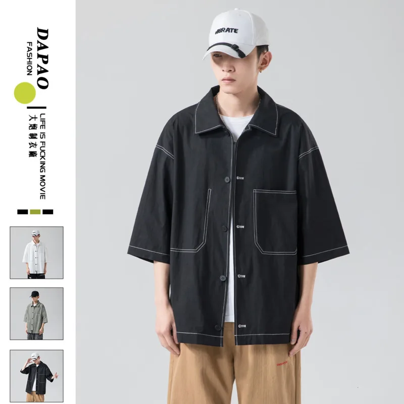 

Korean Cotton Shirt Men's Fashion Retro Pocket Casual Shirt Men Streetwear Loose Oversize Short-sleeved Shirts Mens M-2XL