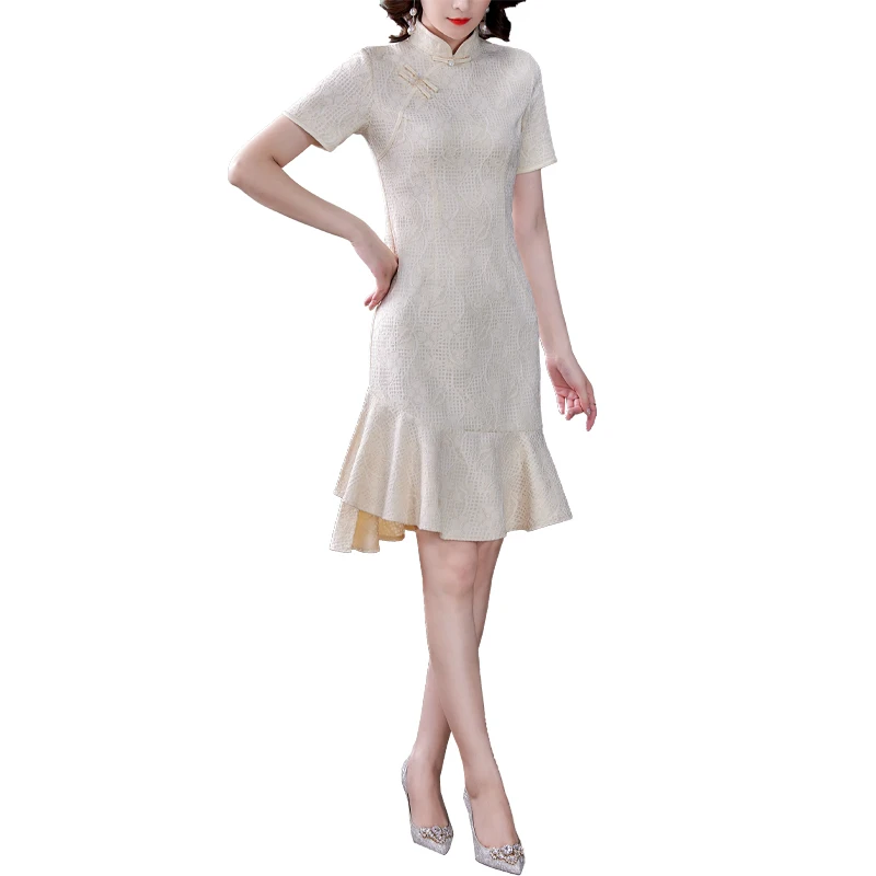 

2021 New Summer Women Vintage Chinese Style Improved Cheongsam Dress Elegant Mermaid Hem Lace Evening Party Dress