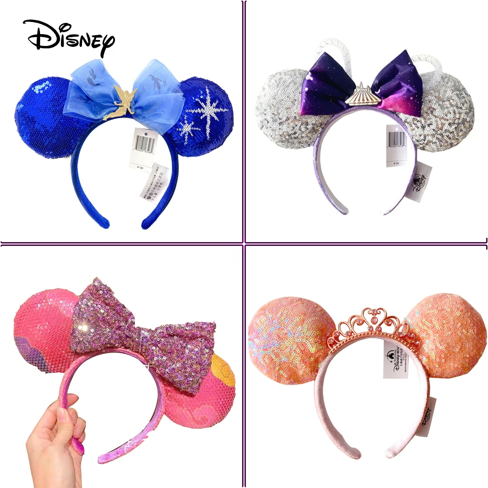 

New Disney Mickey Mouse Ears Headband Space mountain Lunar New Year Minnie Bow Pink Sequins Cartoon Anime Headdress Headband Gif