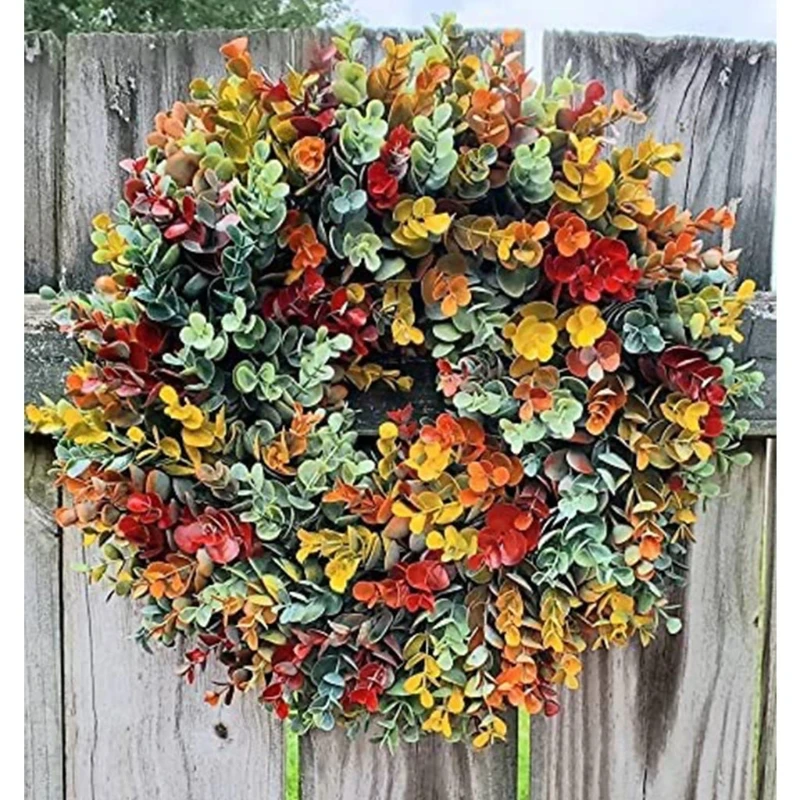 

Autumn Harvest Front Door Wreath Artifial Fall Orange Yellow Eucalyptus Leaves Rustic Farmhouse Wall Hanging Garland