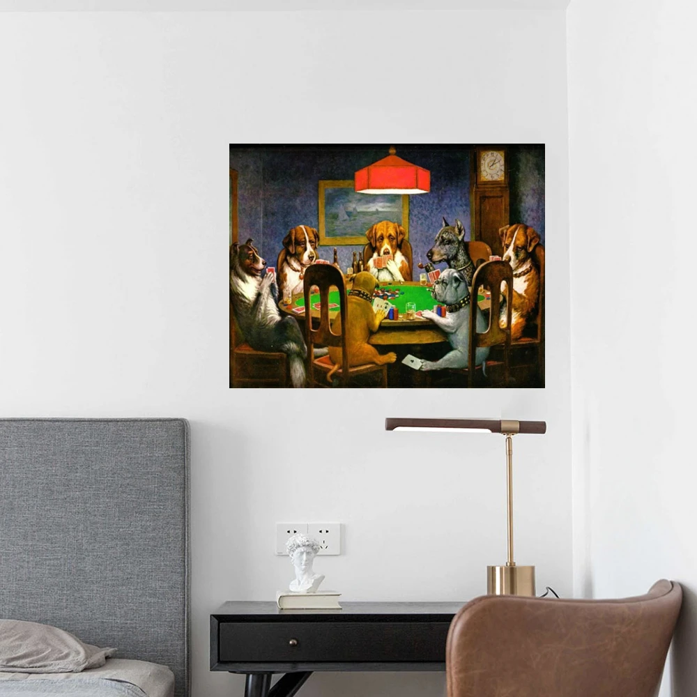 Современное изображение животных на холсте собаки играют в покер друг