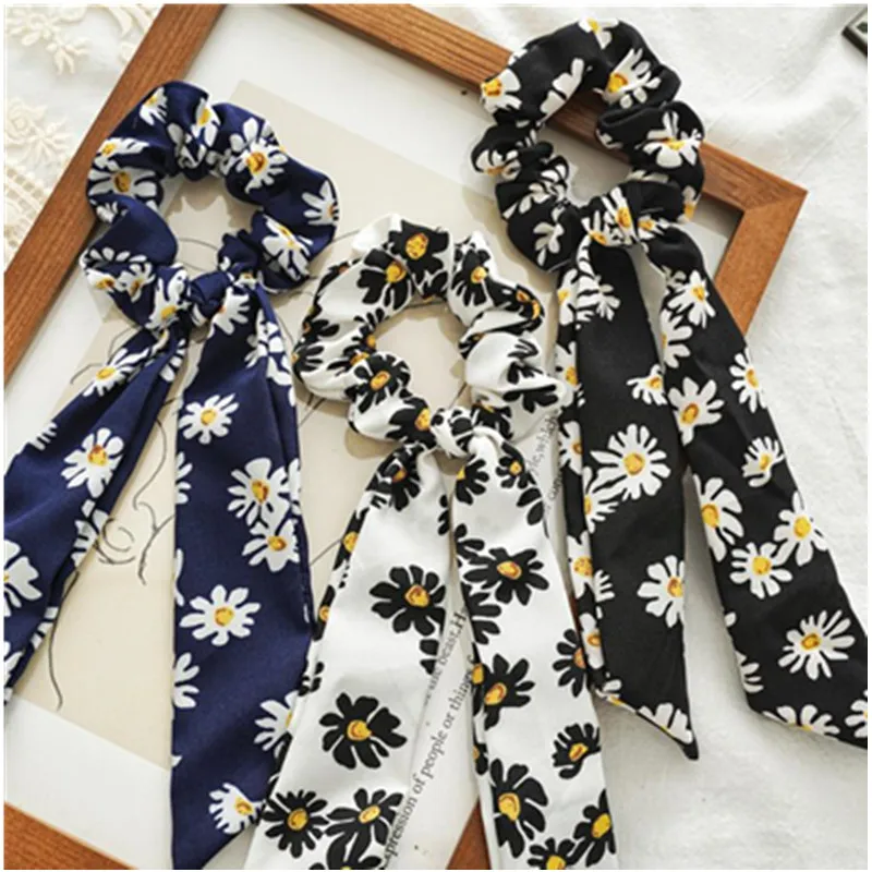 

Лента для волос с длинным бантом женская, эластичная резинка для волос с принтом маргариток, аксессуар на голову
