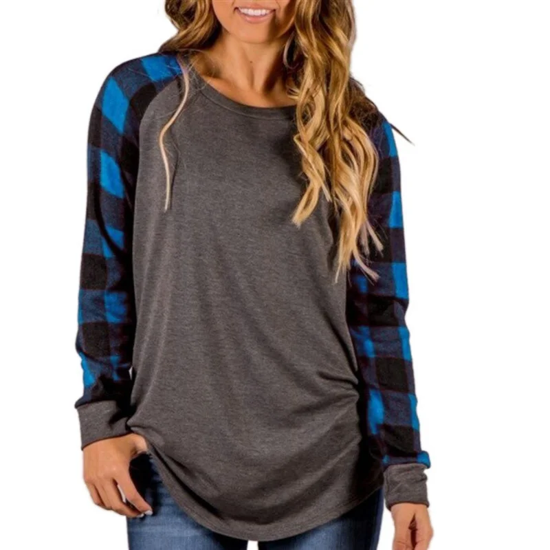 Повседневные футболки в клетку с принтом женские топы круглым вырезом и длинным