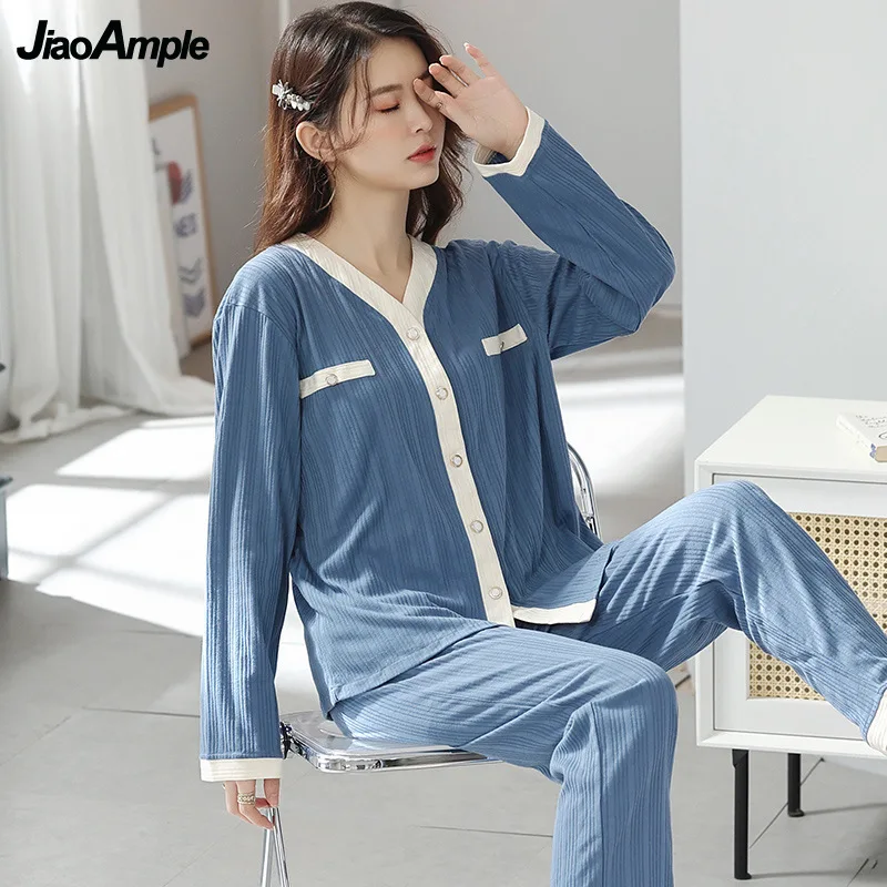 Autumn Winter Cotton Pajamas Women's Solid Long-sleeved Trousers Cardigan Pijamas Two-piece 2022 New V-neck Nightwear Sleepwear