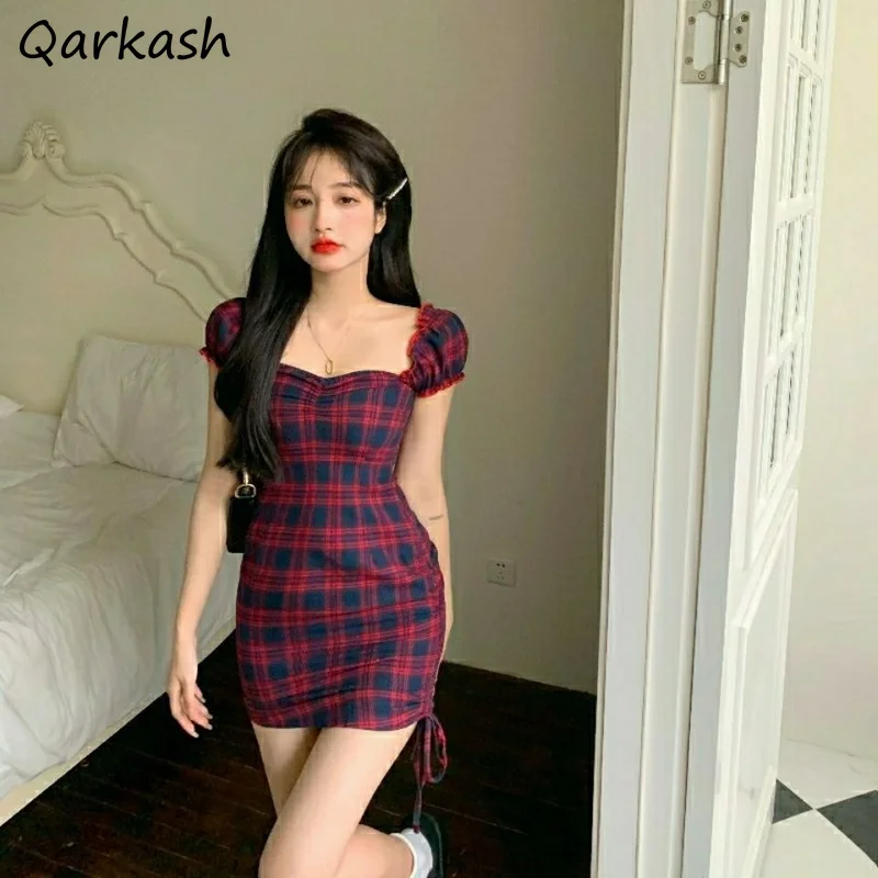 

Женские платья в клетку, Элегантные мини-платья в корейском ретро-стиле, приталенный живот, сексуальная облегающая винтажная одежда с квадр...