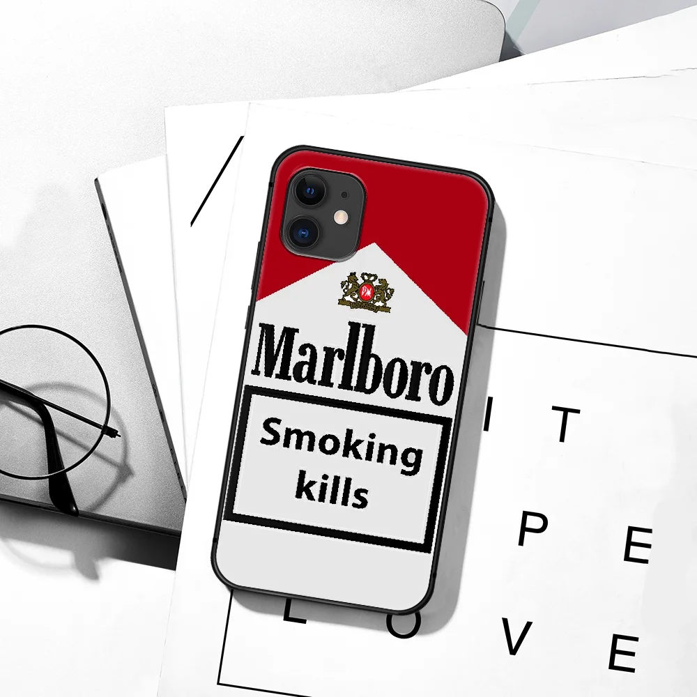 

M-Marlboroo Cigarette Brand Phone Case For iPhone 5 5S SE 2020 6 6S 7 8 Plus 11 12 Mini X XS XR Pro Max black Bumper Painting