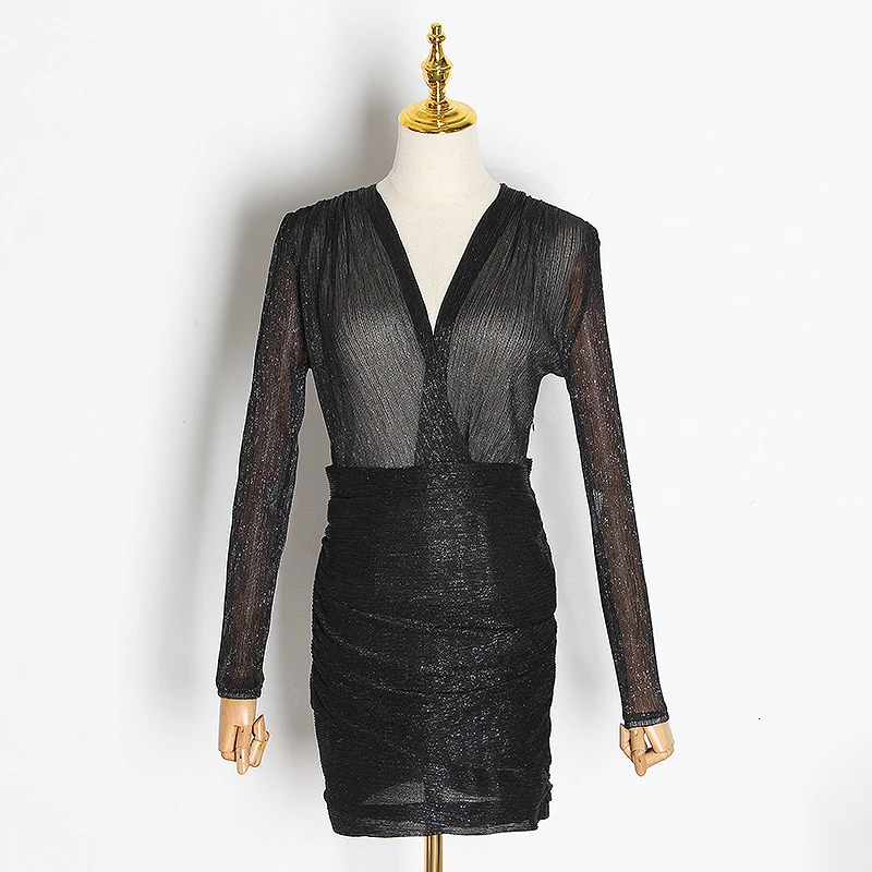 Корейское женское платье с v образным вырезом длинным рукавом высокой талией