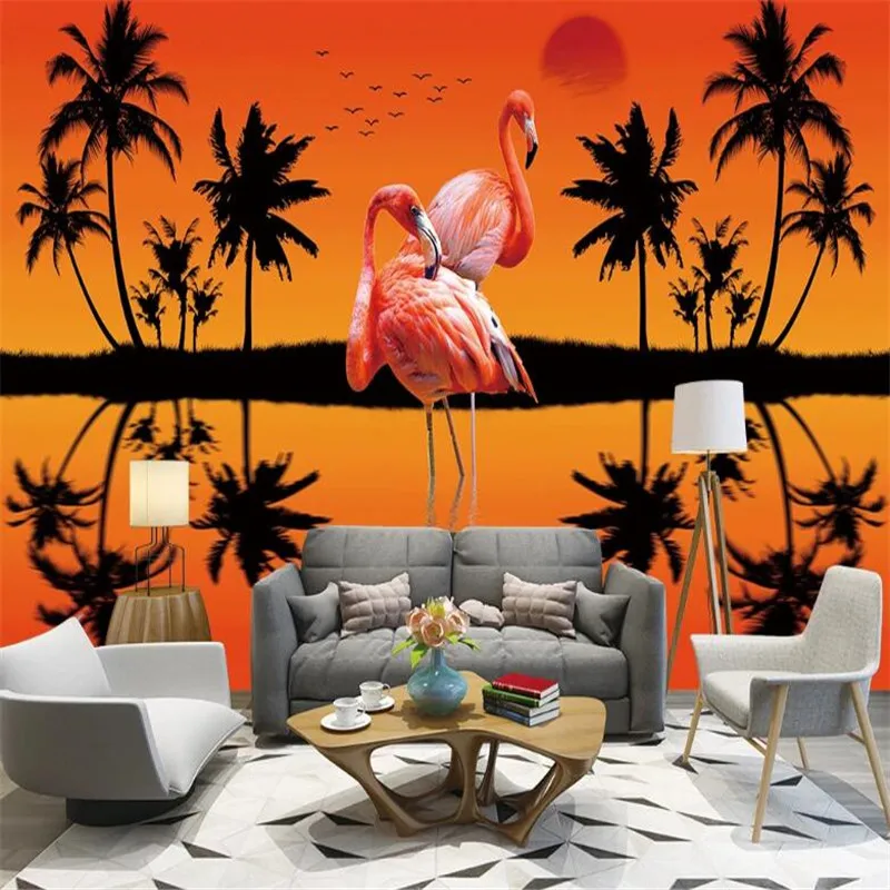 

Milofi custom 3D wallpaper mural Nordic minimalist island coconut tree plant flamingo background wall decorative painting