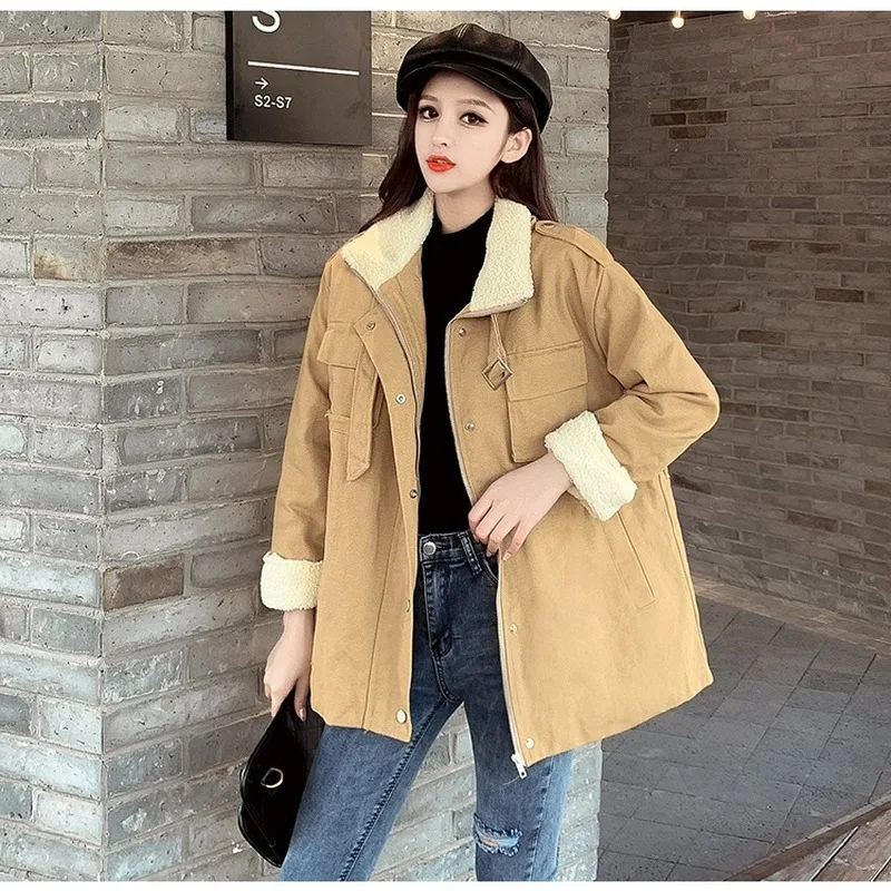 

Autumn and winter lamb wool coat women motorcycle clothing Hong Kong style Korean style wild mid-length popular coat women