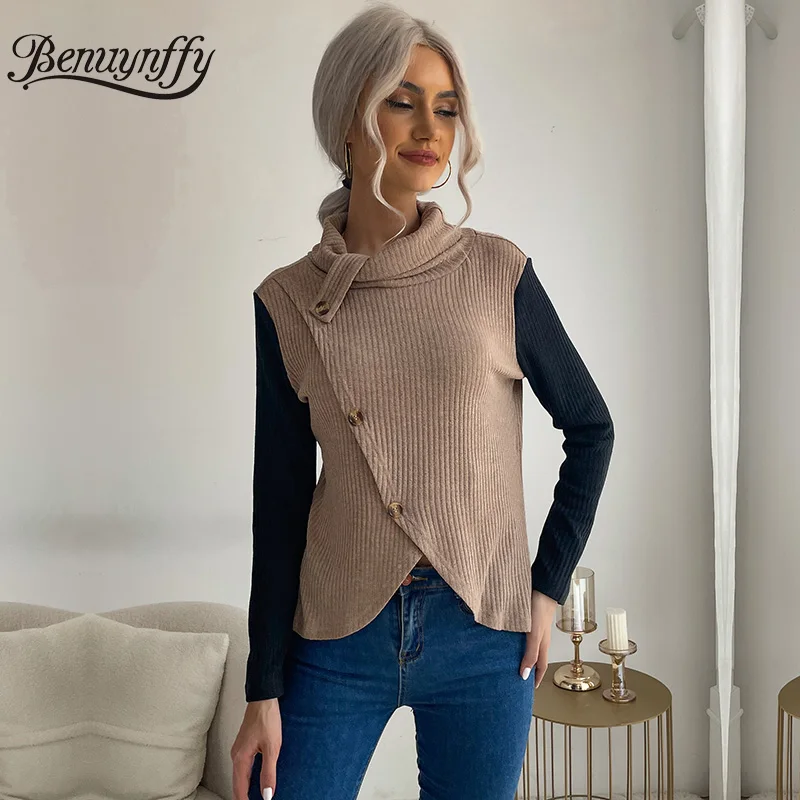 

Benuynffy Turtleneck Button Front Knit Top Women Color Block Long Sleeve Tees Autumn Fashion Asymmetrical Hem Casual T-Shirts