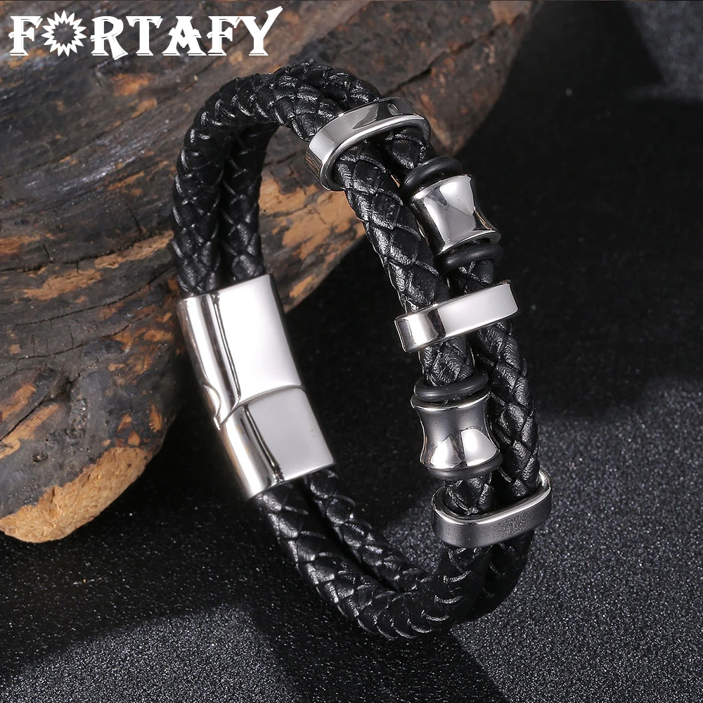 

FORTAFY Double Black Braided Leather Men Bracelet Combination Stainless Steel Male Bangle Punk Hip Hop Boyfriend Gift FR1168