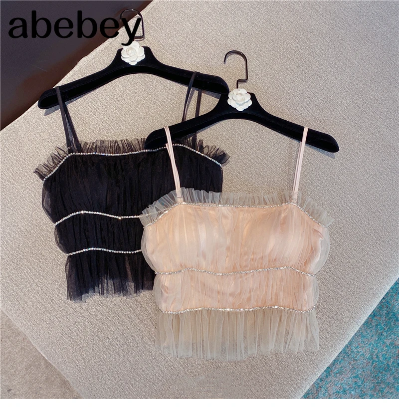 

2021 Spring New Fashionable Sweet Handmade Rhinestone Sexy Tube Top Mesh Camisole Top Korean Tank Top