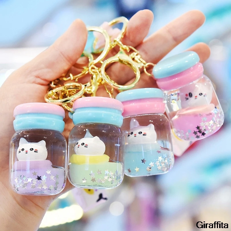 

Милый брелок для ключей с изображением пузырьков чая кота креативная чашка для молока чая жидкий кристалл с блестками кошка брелок для ключ...