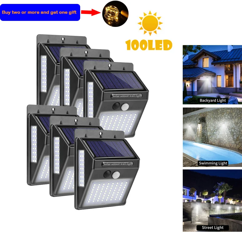 100 светодиодный светильник на солнечной батарее уличный настенный с датчиком