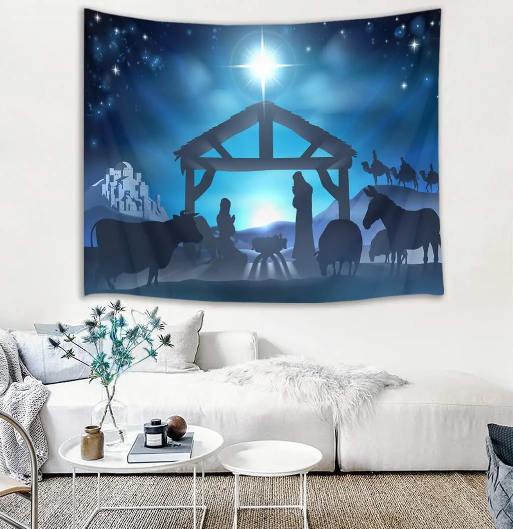 Nativity Scene Jesus Christ Born in Manger Wall Hanging Christian Believers and Three Wise Men Tapestries