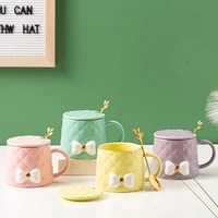 creative bowknot embossed mug large capacity spoon with lid enamel couple water cup girl heart cute ceramic coffee cup 350ml
