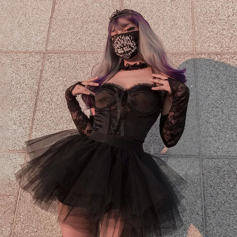 

Новинка, осенняя японская черная юбка в стиле Харадзюку для девочек, милая модная мини-юбка в стиле «кавайная лолита», газовый костюм