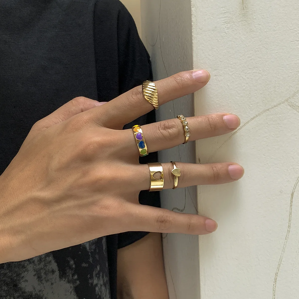 

Sindlan 5Pcs Punk Gold Color Heart Matching Rings for Men Vintage Crystal Set Couple Y2k Emo 2021 Trendy Jewelry Anillos Hombre
