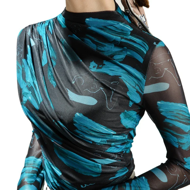 

Printed High Quality Mesh TShirts Tees Women Turtleneck Full Sleeve T Shirts Lady Elegant Elastic Shirring Tops Female T-Shirt