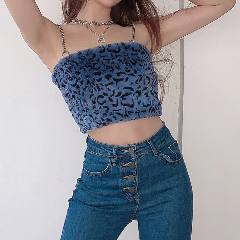Меховой топ на бретельках с леопардовым принтом женские сексуальные укороченные