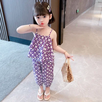 

Girls flower sling suit 2021 summer new children's fashion little girl sports two-piece suit