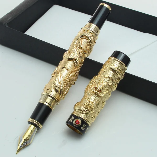 001 JINHAO, золотистая, серебряная, коричневая перьевая ручка "Два дракона, играющие с жемчужиной", резная, без подарочной коробки - Цвет: 001