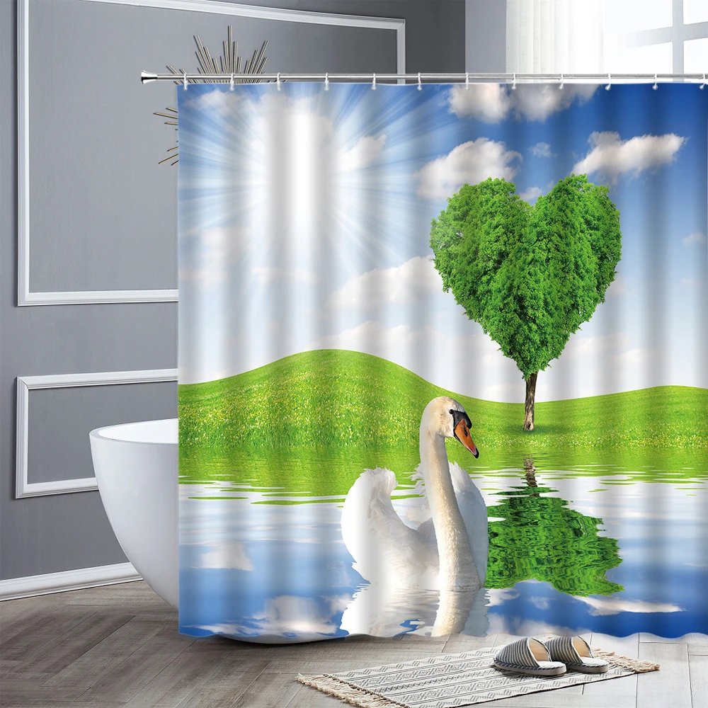 

Animal Shower Curtain Swan Flowers Birds Tree Lake Surface Scenery Waterproof Fabric Bathroom Curtains Home Decor Bathtub Screen