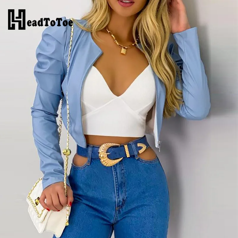 

PU Leather Puff Sleeve Zip Front Coat Chic Women Cropped Jacket Tops